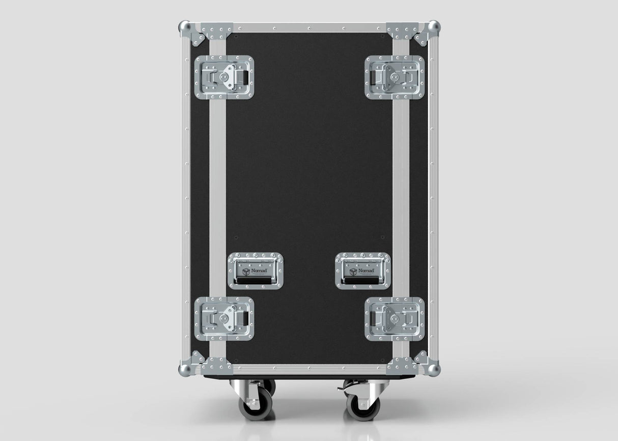 The 27U Standard Rack Case, featuring metal edges, reinforced corners, metal latches, and handles, stands upright on two wheels against a light gray background.