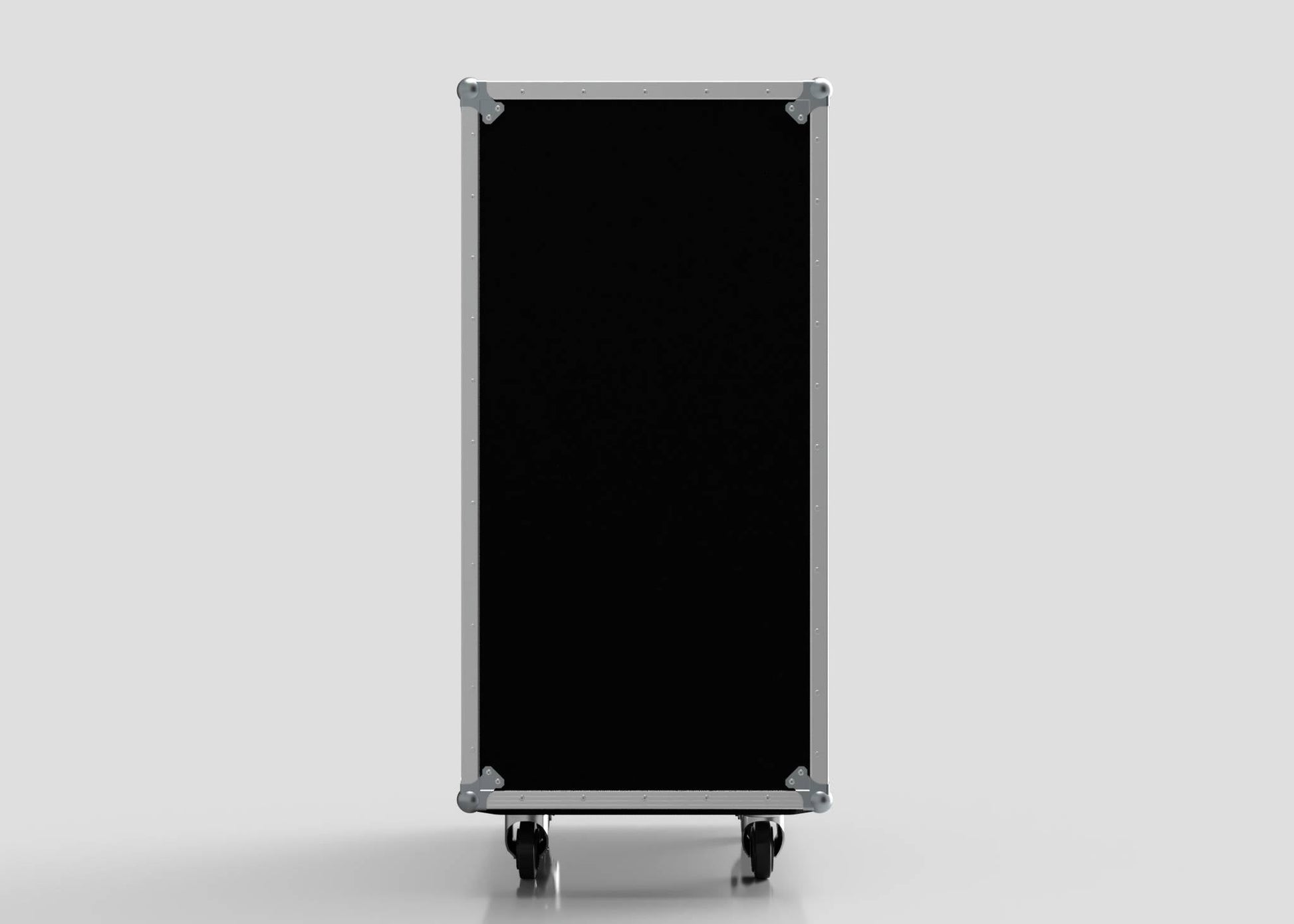 The 27U Suspended Shock Mounted Rack Case is a large black rectangular case with metal edges, corner protectors, birch plywood racks, anti-vibration mounts, and four caster wheels, shown upright against a plain light background.