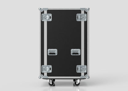 The 27U Suspended Shock Mounted Rack Case is a black road case with metal edges, handles, and latches on four wheels against a light gray background, featuring suspended shock mounted racks for superior protection.