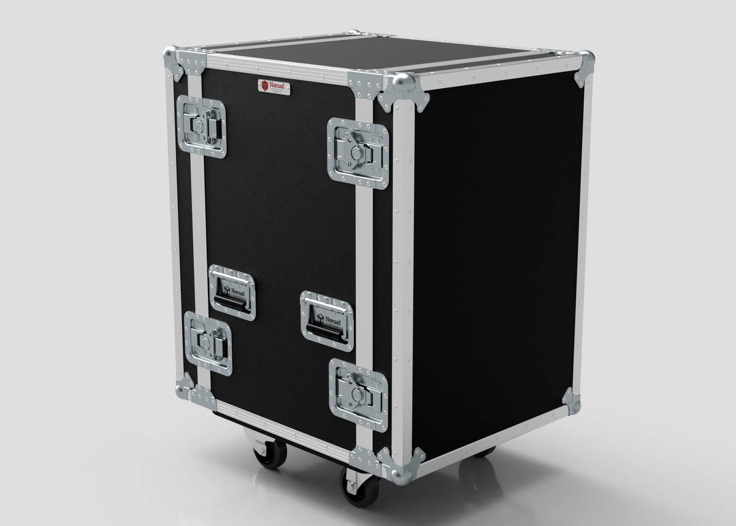 The 28U Foam Shock Mounted 19" Rack Case is a black and silver wheeled hard case with metal reinforcements, latches, and handles, featuring durable rack strips for secure, organized equipment storage.