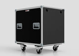 The 28U Shock Mount Slam Rack Case is a black road case with metal edges, side handles, and four caster wheels, designed for safely transporting equipment.