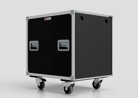 The 28U Shock Mount Slam Rack Case is a black road case with metal edges, side handles, and four caster wheels, designed for safely transporting equipment.