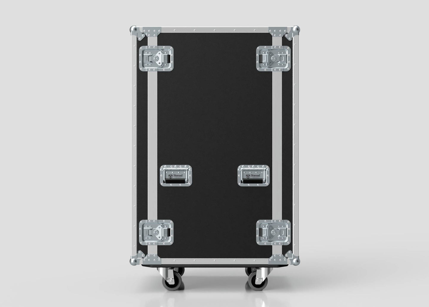 The 28U Suspended Shock Mounted Rack Case is a black and silver hard case with metal edges, handles, latches, wheels, and suspended shock mounted racks, shown standing upright on a plain light background.