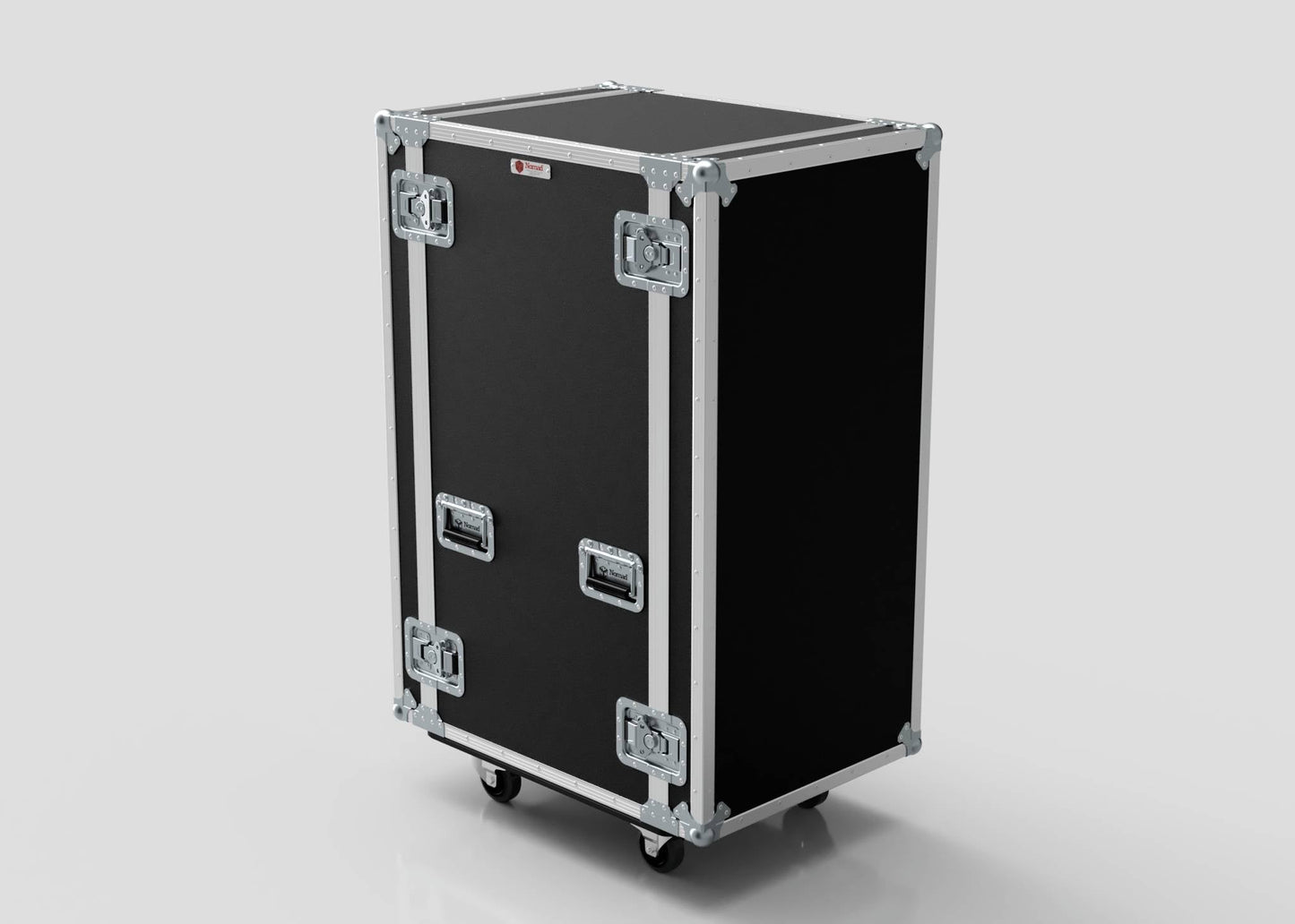 The 28U Suspended Shock Mounted Rack Case is a black road case with metal edges, handles, locks, and a birch plywood rack, standing upright on four caster wheels against a plain background.