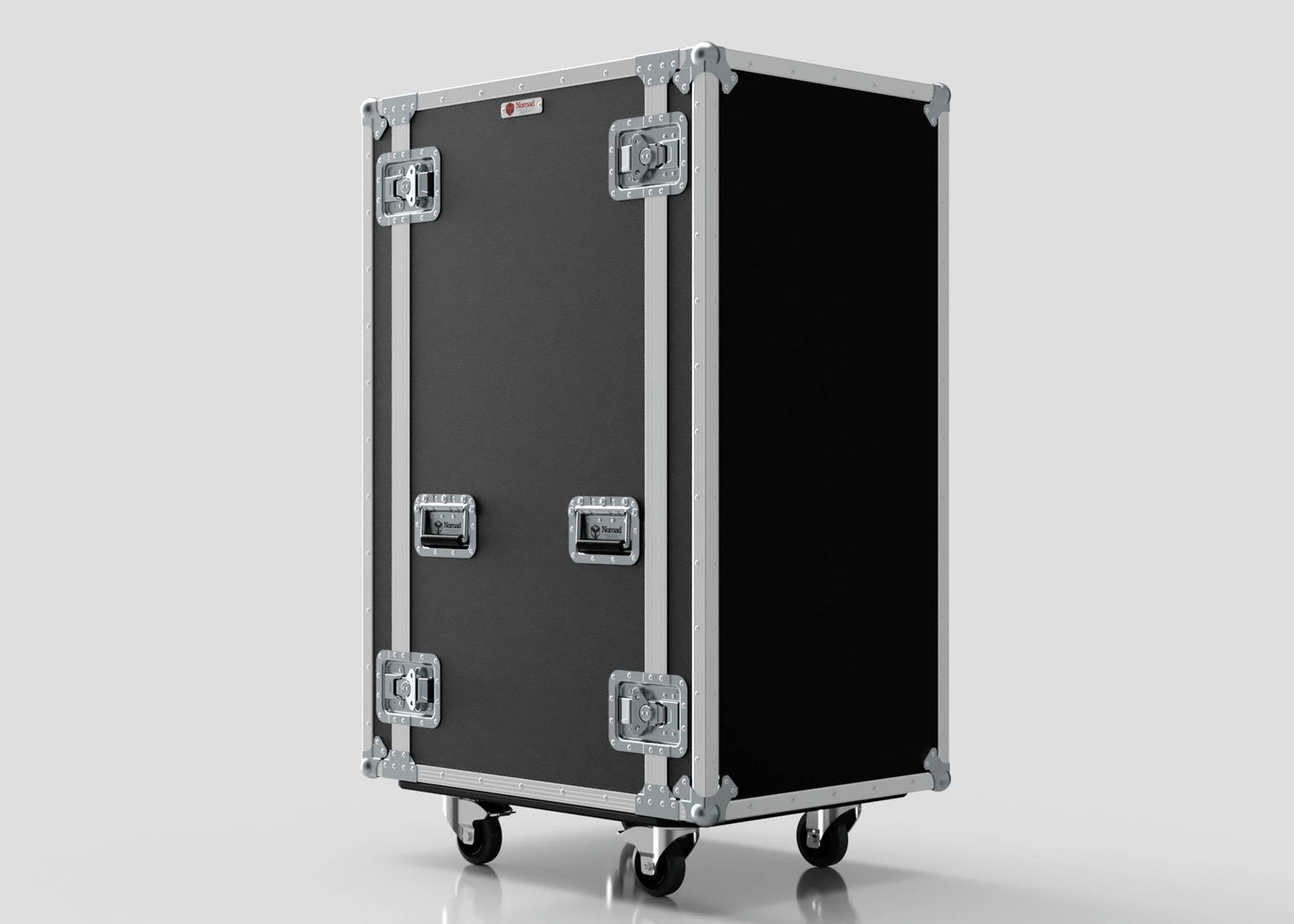 The 28U Suspended Shock Mounted Rack Case, a large black and silver road case with metal reinforcements, birch plywood, four latches, wheels, and suspended racks, stands upright on a white background.