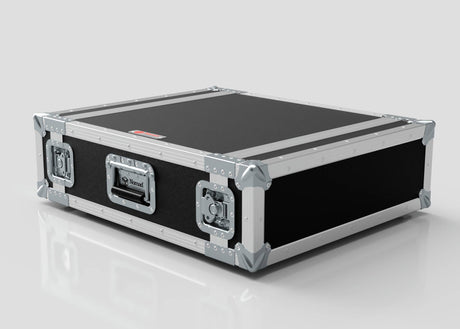 The 2U Foam Shock Mounted 19" Rack Case is a black hard-shell flight case with metal edges, reinforced corners, and secure latches, shown closed on a reflective white surface.
