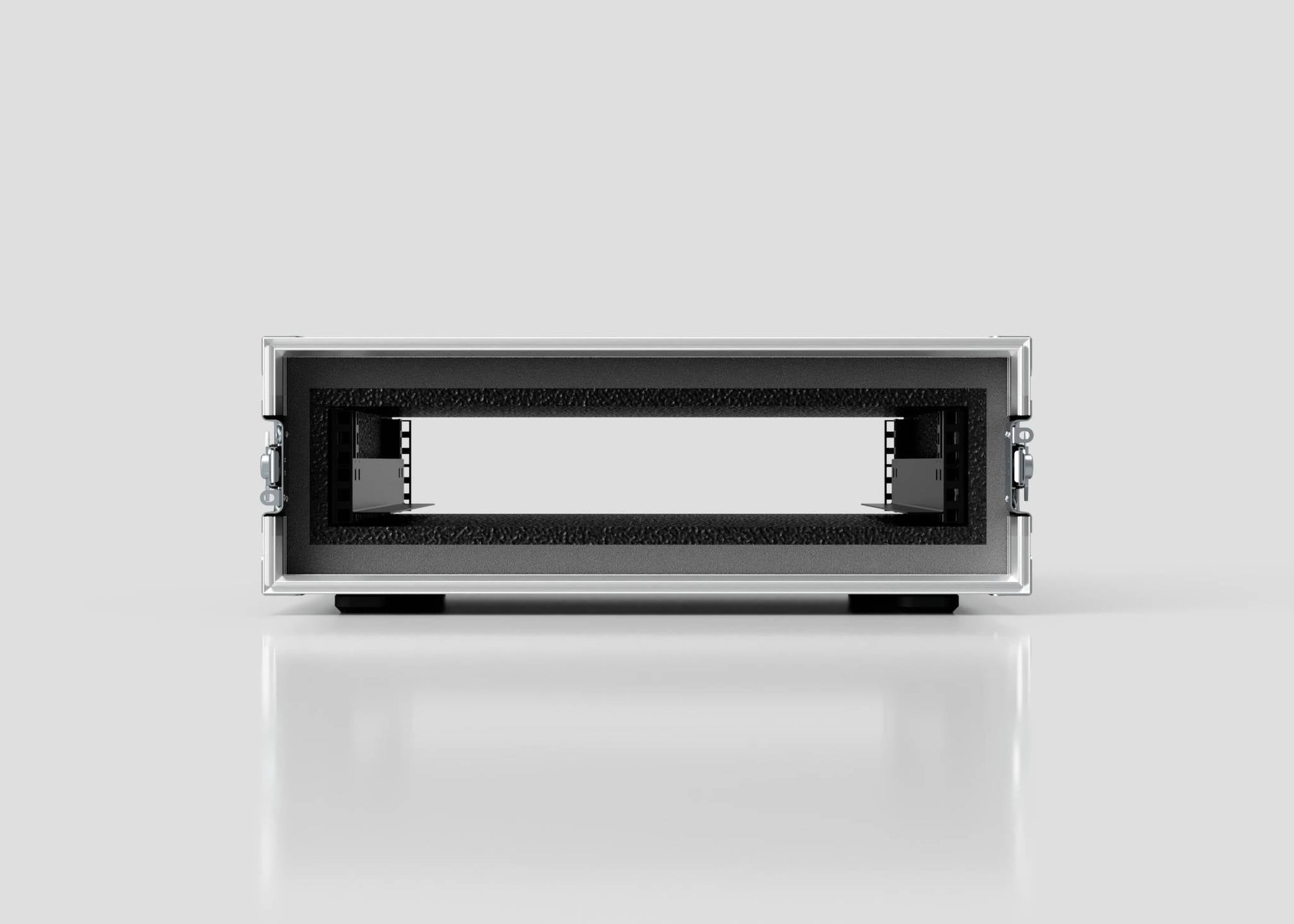 Front view of the 2U Foam Shock Mounted 19" Rack Case, empty with foam lining, sturdy rack strips, dual side latches, and a center rectangular opening against a plain background.