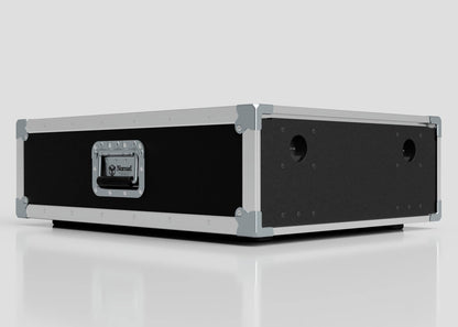 The 2U Shock Mount Slam Rack Case is a rectangular black and silver flight case with metal edges, a handle, and two circular side openings. External dimensions: 738 x 609 x 224 mm. Shown on a plain light background.