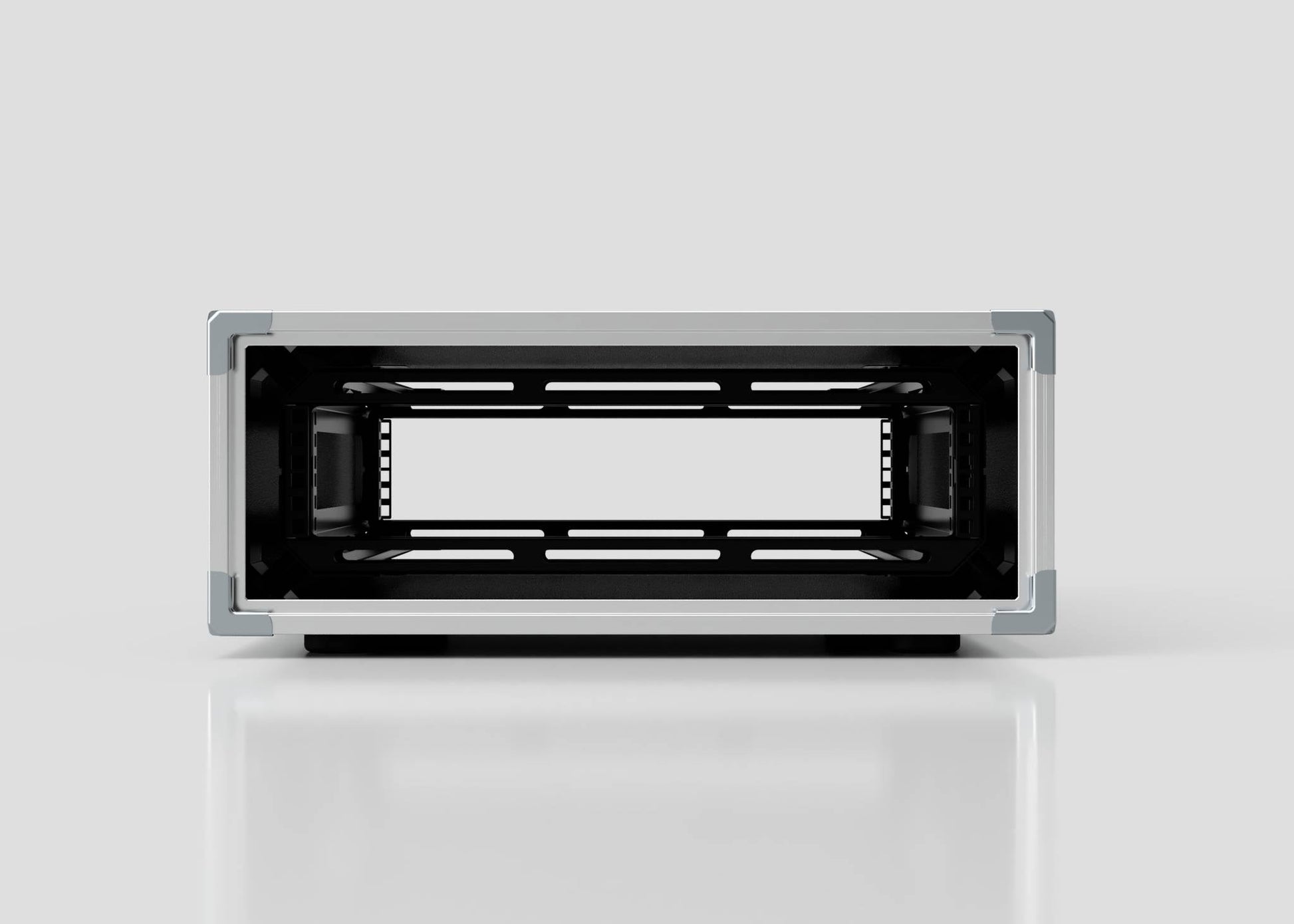 A front view of an empty 2U Shock Mount Slam Rack Case with a rectangular metal enclosure and open slot is shown against a plain light gray background. The external dimensions are 738 x 609 x 224 mm.