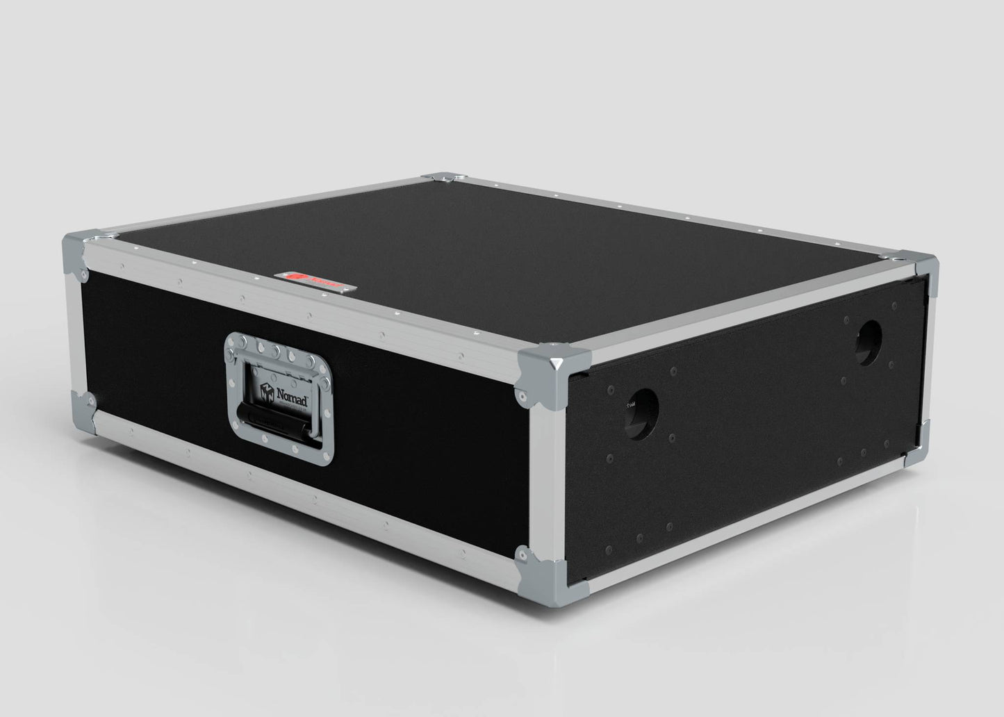 The 2U Shock Mount Slam Rack Case is a black rectangular hard case with metal edges, reinforced corners, side handle, and two circular vents, measuring 738 x 609 x 224 mm, shown against a plain light background.