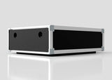 The 2U Shock Mount Slam Rack Case, a black rectangular equipment case with metal edges and corner protectors, is displayed on a white surface against a light gray background. Dimensions: 738 x 609 x 224 mm.