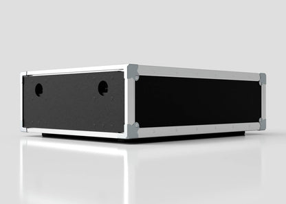 The 2U Shock Mount Slam Rack Case, a black rectangular equipment case with metal edges and corner protectors, is displayed on a white surface against a light gray background. Dimensions: 738 x 609 x 224 mm.