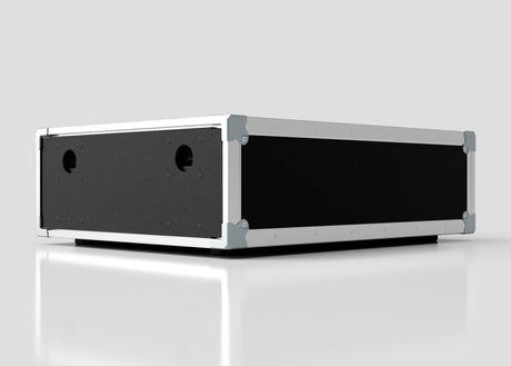 The 2U Shock Mount Slam Rack Case, a black rectangular equipment case with metal edges and corner protectors, is displayed on a white surface against a light gray background. Dimensions: 738 x 609 x 224 mm.