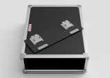 The 2U Shock Mount Slam Rack Case is a black equipment case with metal edges and handles, featuring a detached panel with metal hinges on top; external dimensions: 738 x 609 x 224 mm.