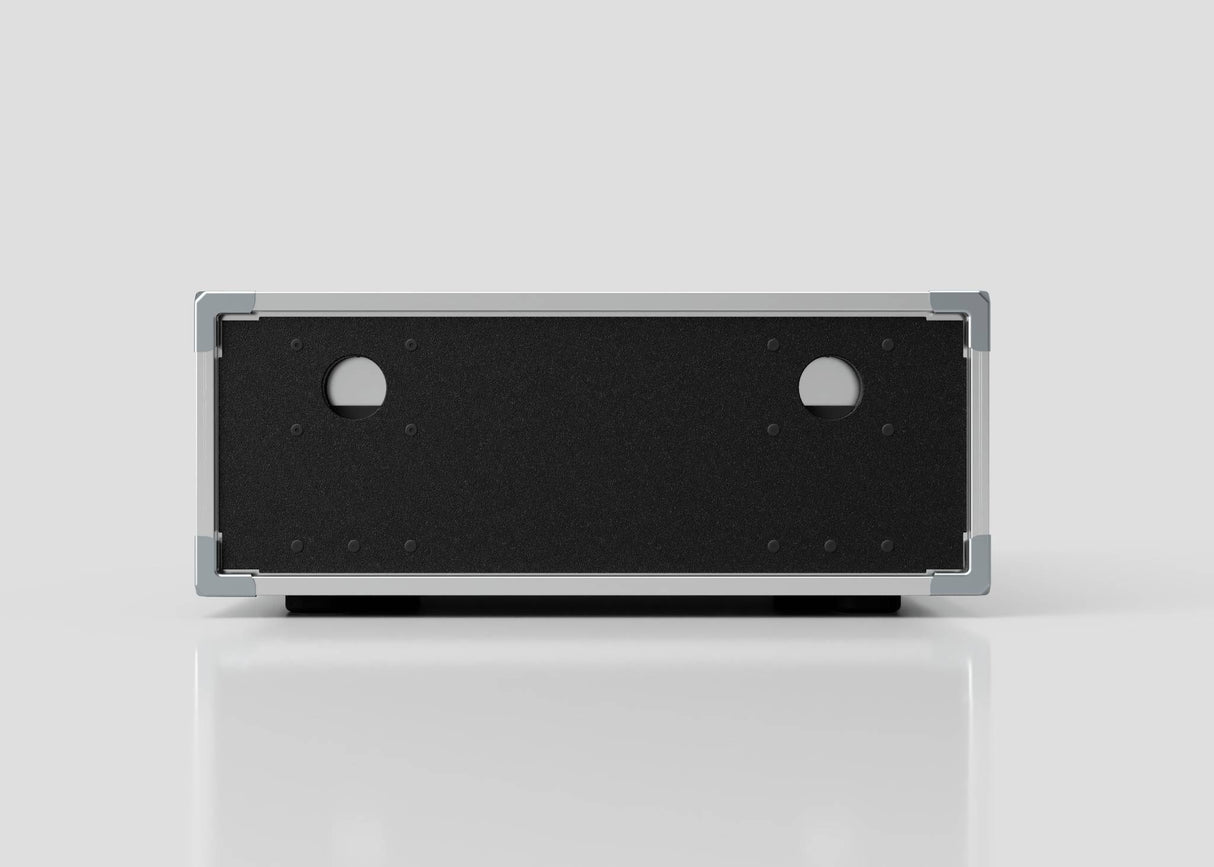 A 2U Shock Mount Slam Rack Case in black and silver with metal corners, two circular holes on the front, and external dimensions of 738 x 609 x 224 mm, shown against a plain light background.