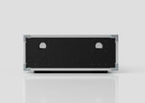 A 2U Shock Mount Slam Rack Case in black and silver with metal corners, two circular holes on the front, and external dimensions of 738 x 609 x 224 mm, shown against a plain light background.