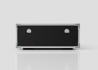 A 2U Shock Mount Slam Rack Case in black and silver with metal corners, two circular holes on the front, and external dimensions of 738 x 609 x 224 mm, shown against a plain light background.