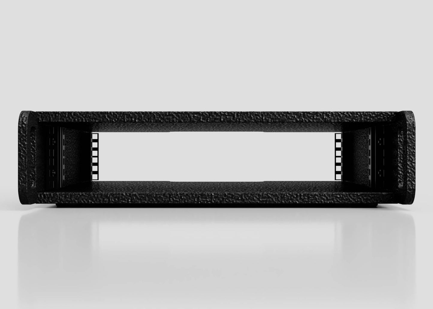 Front view of the 2U Standard Rack Sleeve, an empty black metal rackmount case with a textured finish and open center, shown on a reflective white surface. External dimensions: 514 x 545 x 123 mm.