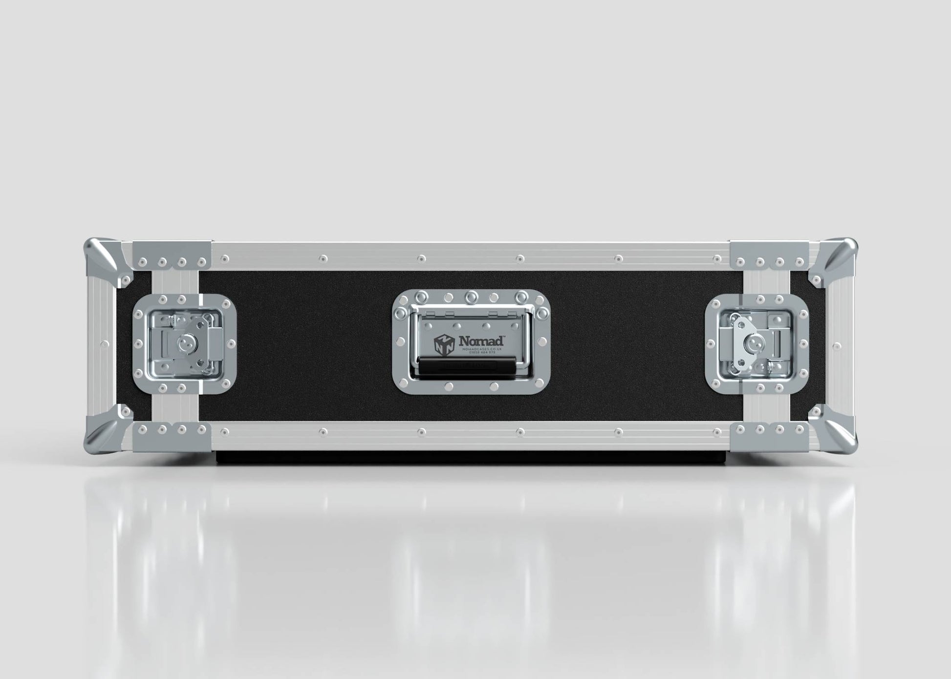 The 2U Suspended Shock Mounted Rack Case, a black and silver hard case with metal reinforcements and three latches, sits on a reflective white surface, designed for superior protection against shocks.