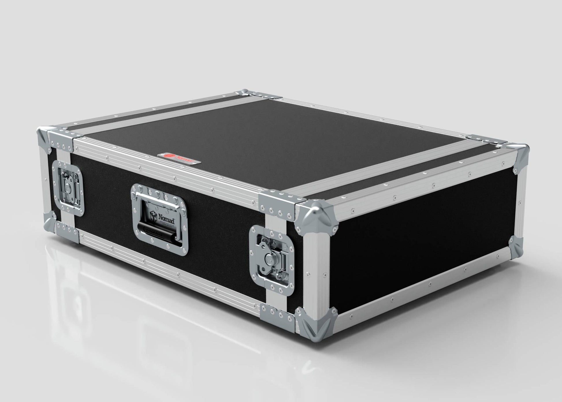 The 2U Suspended Shock Mounted Rack Case features a black and silver hard exterior with metal edges, corner protectors, and latches, designed for shock absorption. The case is displayed on a white surface.