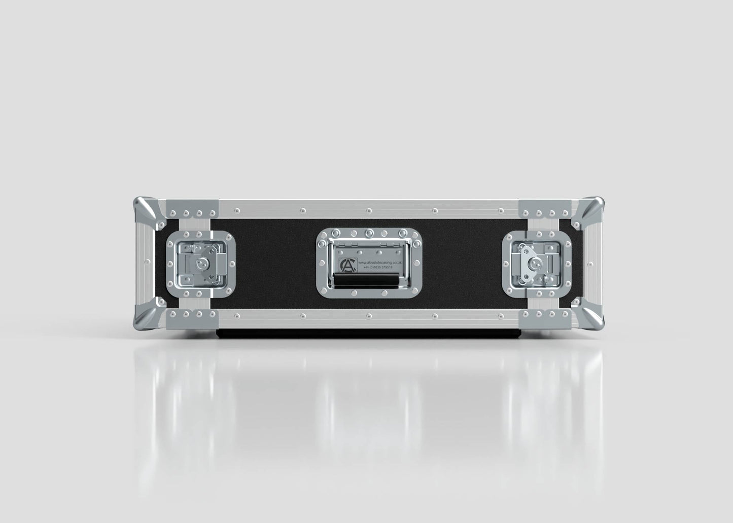 The 2U Suspended Shock Mounted Rack Case, shown closed, features black and silver metal reinforcements and latches, designed as an anti-vibration hard case, displayed against a plain light gray background.