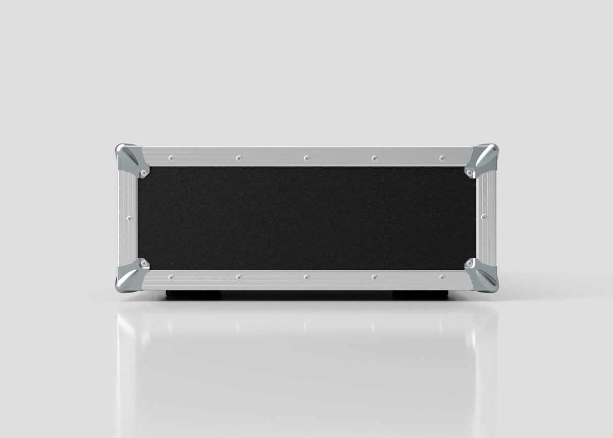 The 2U Suspended Shock Mounted Rack Case is a rectangular black and silver case with metal corner protectors, shown from the front on a white reflective surface.