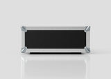 The 2U Suspended Shock Mounted Rack Case is a rectangular black and silver case with metal corner protectors, shown from the front on a white reflective surface.