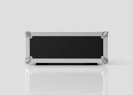 The 2U Suspended Shock Mounted Rack Case is a rectangular black and silver case with metal corner protectors, shown from the front on a white reflective surface.