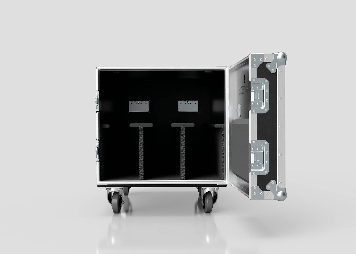 The 3 Way COLORado PXL Curve 12 Case is a black, wheeled transport case with a divided interior, metal corner reinforcements, and external dimensions of 1220 x 600 x 661 mm, shown with its lid open against a white background.