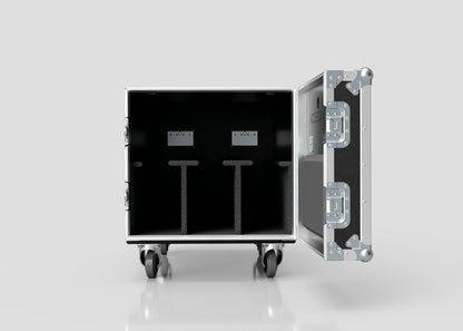 The 3 Way COLORado PXL Curve 12 Case is a black, wheeled transport case with a divided interior, metal corner reinforcements, and external dimensions of 1220 x 600 x 661 mm, shown with its lid open against a white background.
