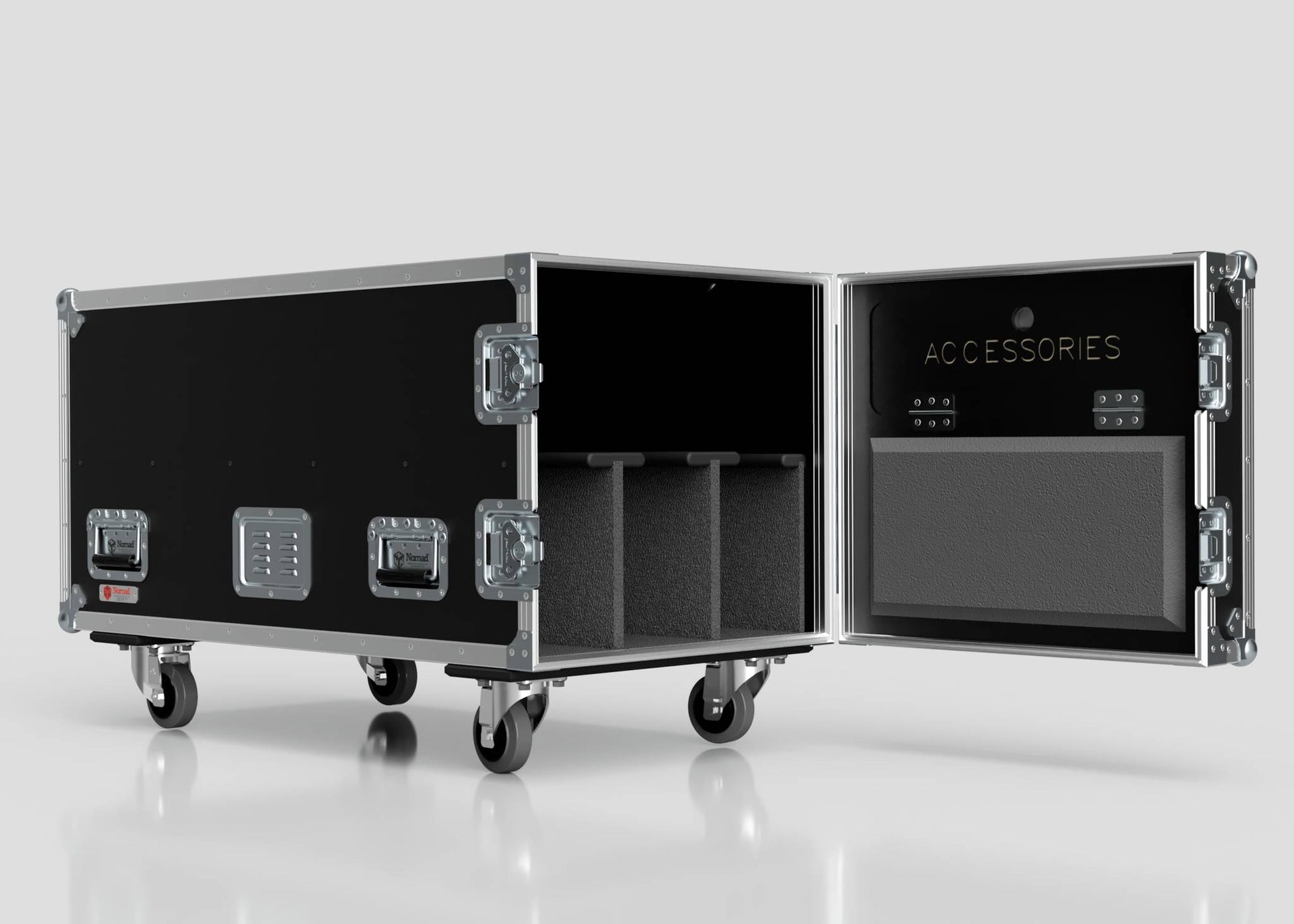 The 3 Way COLORado PXL Curve 12 Case is a large black wheeled case with padded interior compartments and a labeled accessories pocket inside the lid. Its external dimensions are 1220 x 600 x 661 mm.