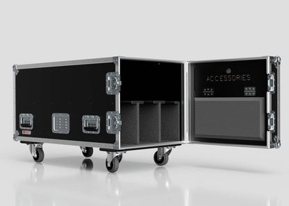 The 3 Way COLORado PXL Curve 12 Case is a large black wheeled case with padded interior compartments and a labeled accessories pocket inside the lid. Its external dimensions are 1220 x 600 x 661 mm.