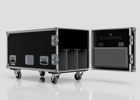 The 3 Way COLORado PXL Curve 12 Case is a large black wheeled case with padded interior compartments and a labeled accessories pocket inside the lid. Its external dimensions are 1220 x 600 x 661 mm.