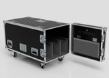 The 3 Way COLORado PXL Curve 12 Case is a black rolling equipment case with metal edges, open to reveal foam dividers and accessory compartments inside the door. Its external dimensions are 1220 x 600 x 661 mm.