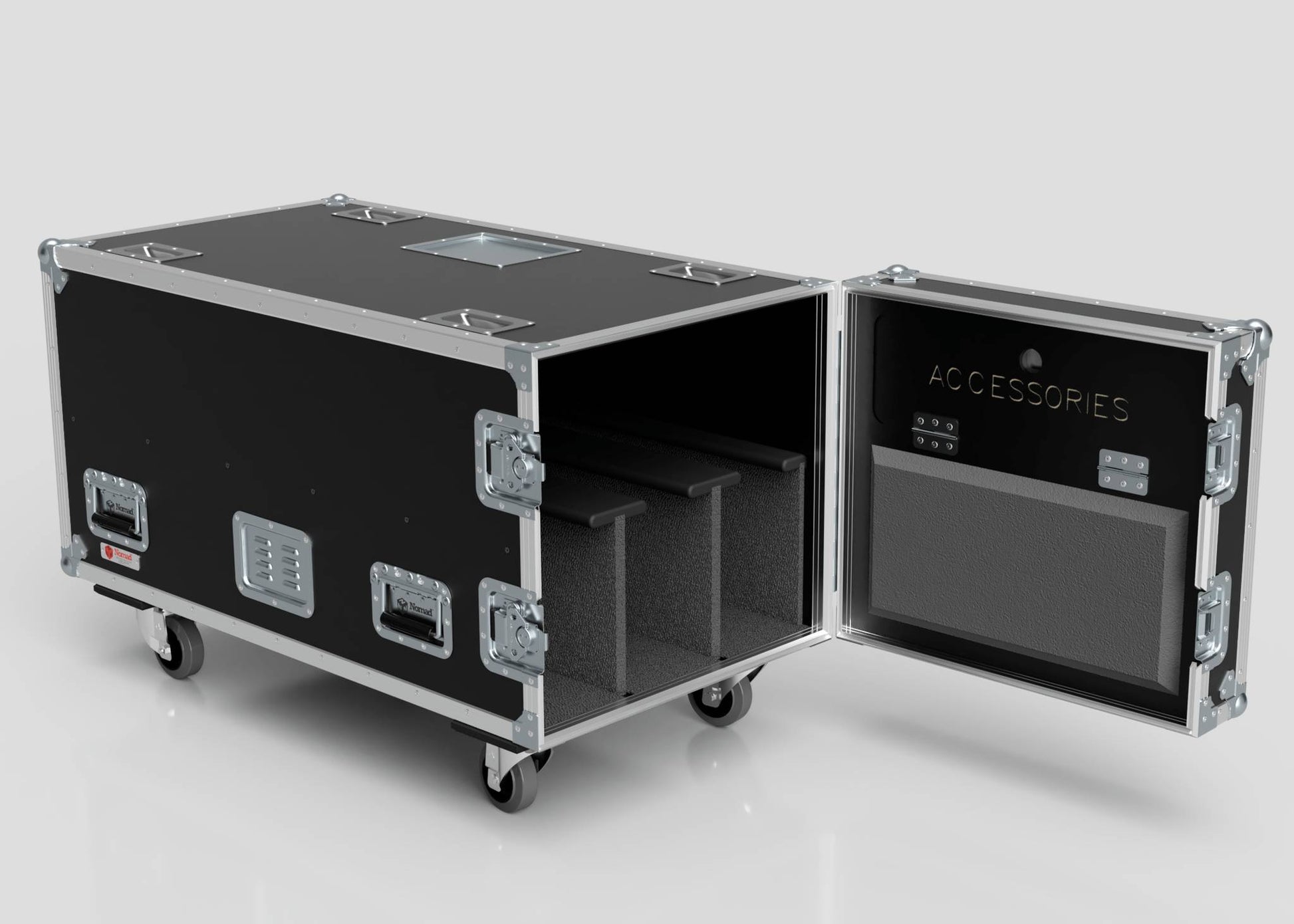 The 3 Way COLORado PXL Curve 12 Case is a black rolling equipment case with metal edges, open to reveal foam dividers and accessory compartments inside the door. Its external dimensions are 1220 x 600 x 661 mm.