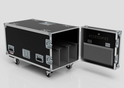 The 3 Way COLORado PXL Curve 12 Case is a black rolling equipment case with metal edges, open to reveal foam dividers and accessory compartments inside the door. Its external dimensions are 1220 x 600 x 661 mm.