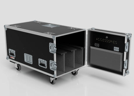 The 3 Way COLORado PXL Curve 12 Case is a black rolling equipment case with metal edges, open to reveal foam dividers and accessory compartments inside the door. Its external dimensions are 1220 x 600 x 661 mm.