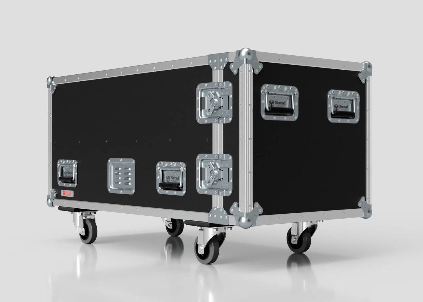 The 3 Way COLORado PXL Curve 12 Case is a large black and silver flight case with metal reinforcements, handles, and four caster wheels. Its external dimensions are 1220 x 600 x 661 mm, pictured against a plain light background.