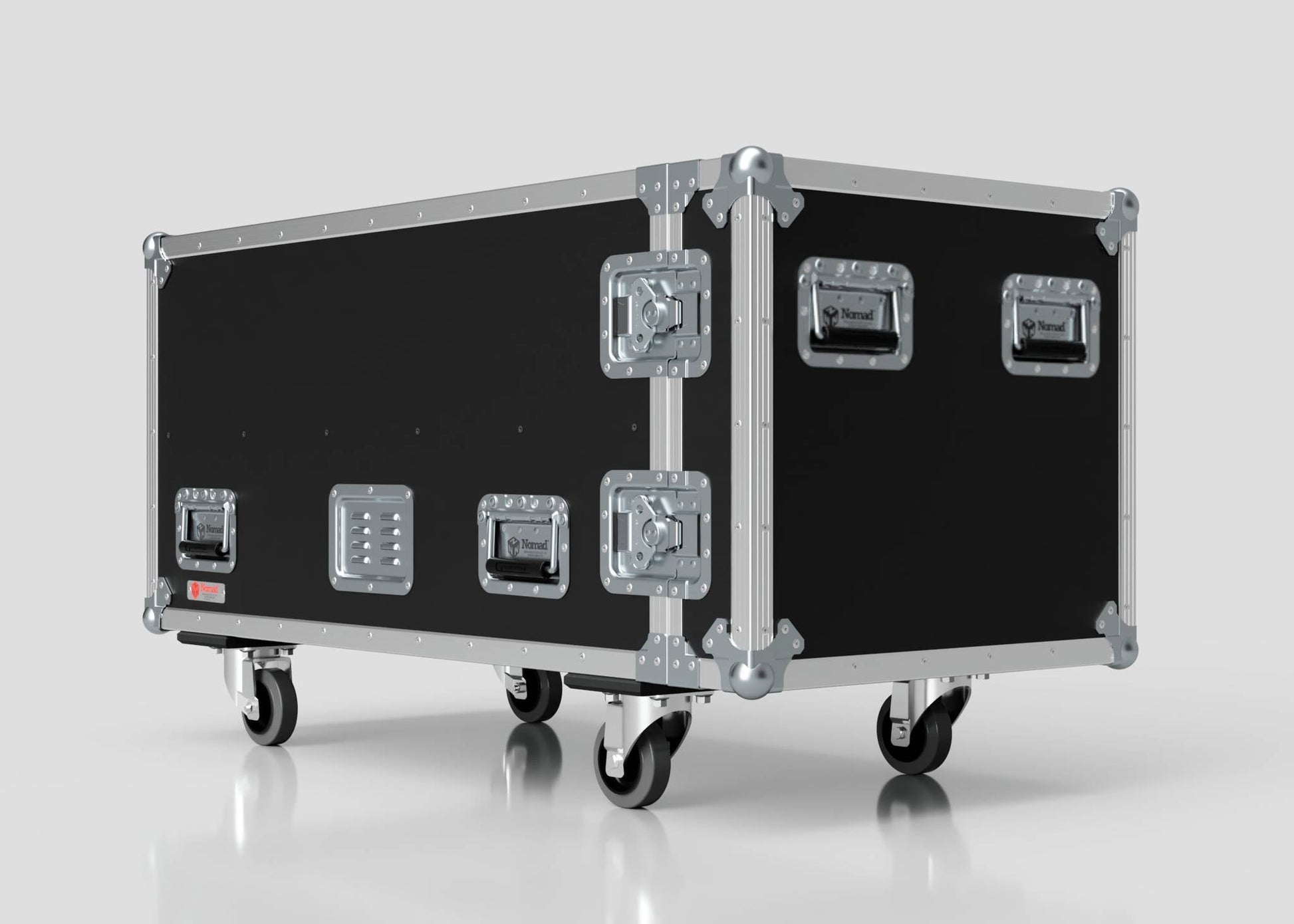 The 3 Way COLORado PXL Curve 12 Case is a large black and silver flight case with metal reinforcements, handles, and four caster wheels. Its external dimensions are 1220 x 600 x 661 mm, pictured against a plain light background.
