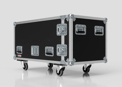 The 3 Way COLORado PXL Curve 12 Case is a large black and silver flight case with metal reinforcements, handles, and four caster wheels. Its external dimensions are 1220 x 600 x 661 mm, pictured against a plain light background.