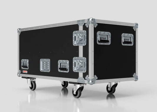 The 3 Way COLORado PXL Curve 12 Case is a large black and silver flight case with metal reinforcements, handles, and four caster wheels. Its external dimensions are 1220 x 600 x 661 mm, pictured against a plain light background.