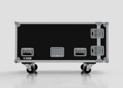 A large black 3 Way COLORado PXL Curve 12 Case with metal corners, handles, and latches rests on four caster wheels against a plain background. Its external dimensions are 1220 x 600 x 661 mm.