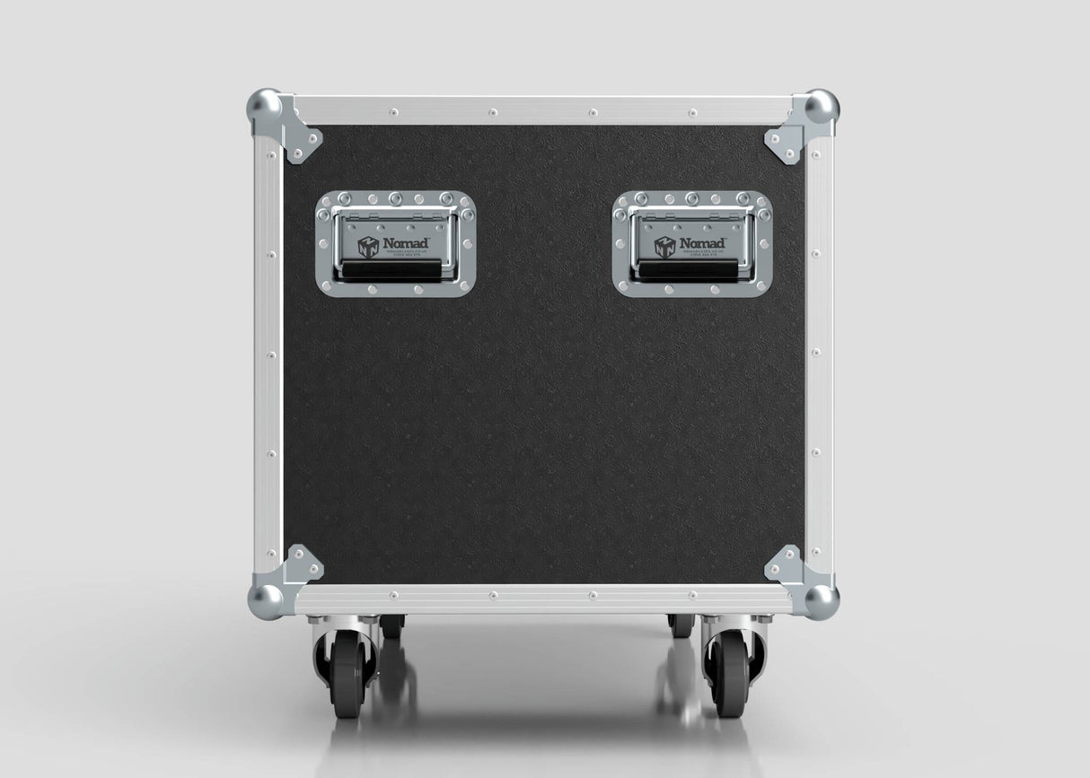 The 3 Way COLORado PXL Curve 12 Case is a black and silver rolling equipment case with metal edges, two Nomad-labeled handles, four wheels, and external dimensions of 1220 x 600 x 661 mm, shown against a plain light background.