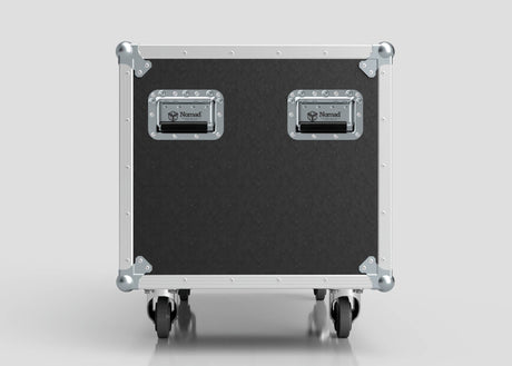 The 3 Way COLORado PXL Curve 12 Case is a black and silver rolling equipment case with metal edges, two Nomad-labeled handles, four wheels, and external dimensions of 1220 x 600 x 661 mm, shown against a plain light background.