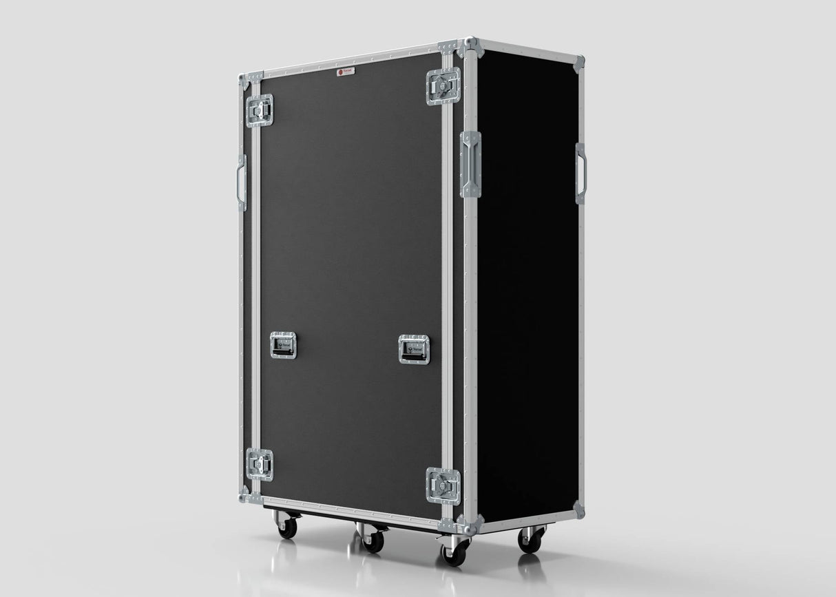 A large black 36U x 1032mm Suspended Shock Mounted Data Server Rack with metal edges, handles, and four caster wheels stands upright on a light gray background, with external dimensions of 1067 x 650 x 1732 mm.