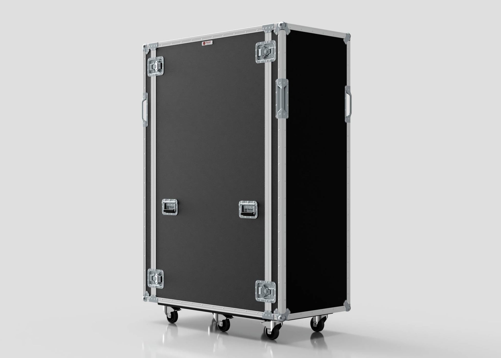 A large black 36U x 1032mm Suspended Shock Mounted Data Server Rack with metal edges, handles, and four caster wheels stands upright on a light gray background, with external dimensions of 1067 x 650 x 1732 mm.