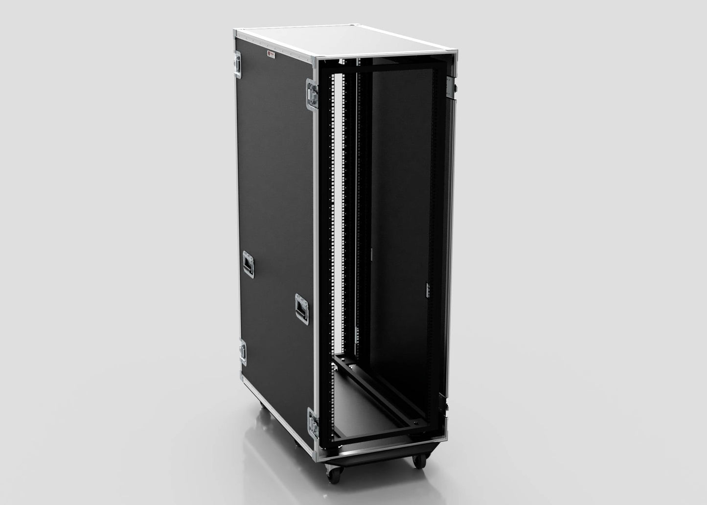 The 36U x 1032mm Suspended Shock Mounted Data Server Rack is a black, wheeled rackmount flight case with open front, metal edge reinforcements, and external dimensions of 1330 x 650 x 1922 mm, ideal for transporting electronic equipment.