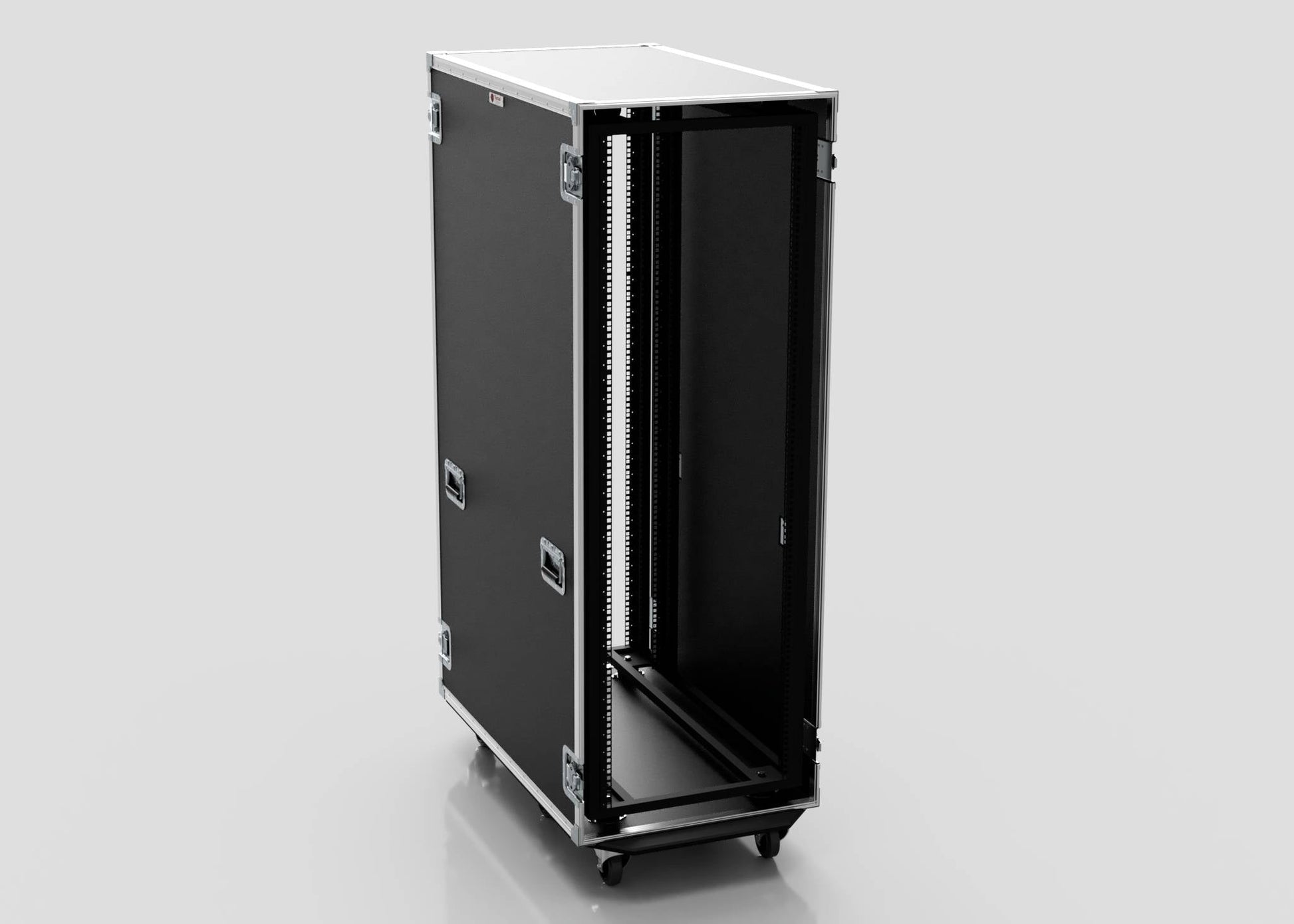 The 36U x 1032mm Suspended Shock Mounted Data Server Rack is a black, wheeled rackmount flight case with open front, metal edge reinforcements, and external dimensions of 1330 x 650 x 1922 mm, ideal for transporting electronic equipment.