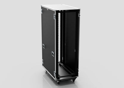 The 36U x 1032mm Suspended Shock Mounted Data Server Rack is a black, wheeled rackmount flight case with open front, metal edge reinforcements, and external dimensions of 1330 x 650 x 1922 mm, ideal for transporting electronic equipment.