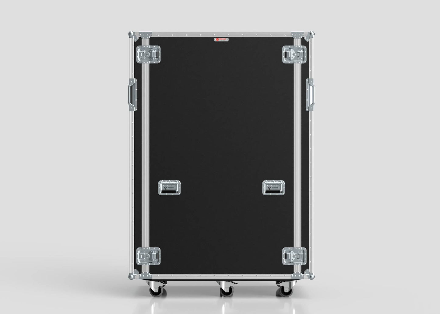 A 36U x 1032mm Suspended Shock Mounted Data Server Rack, black, with external dimensions of 1330 x 650 x 1922 mm, metal edges, reinforced corners, two side handles per side, and four bottom wheels, shown on a plain light background.